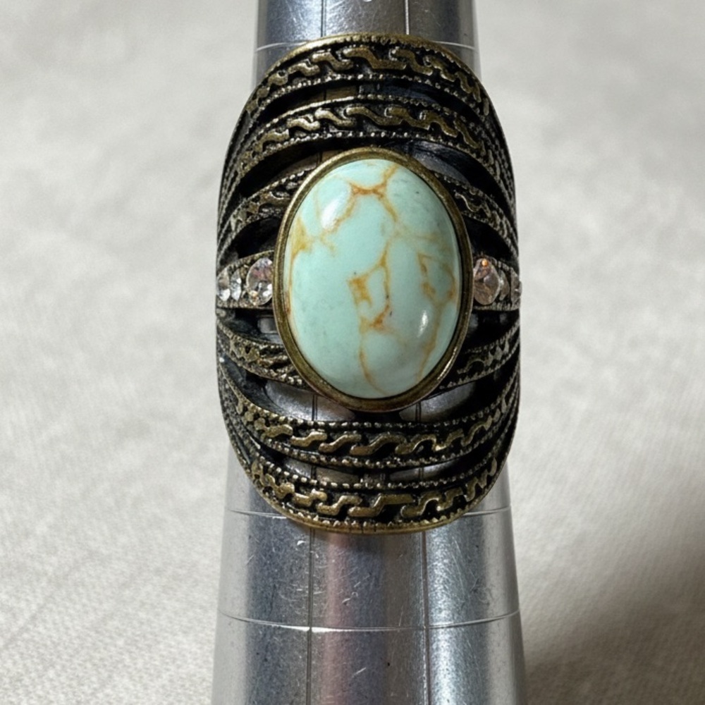 Boho‎ Artisan Shield Ring | Vintage Bronze & Earth-Tone Stone | Size 6